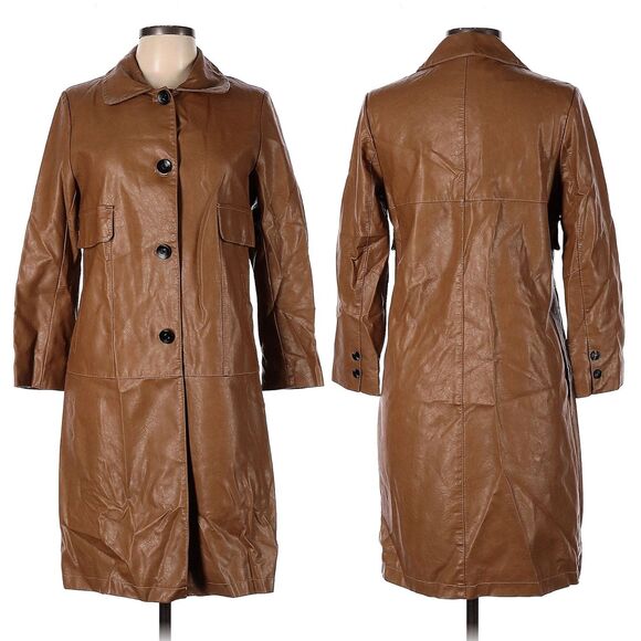 Vintage Y2K Dianzhi Faux Leather Trench Coat Jacket Longline Brown Size 11 - Picture 5 of 12